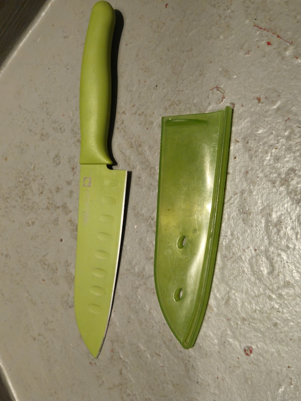 Pampered Chef Lime Green Santoku Knife with Protective Sheath